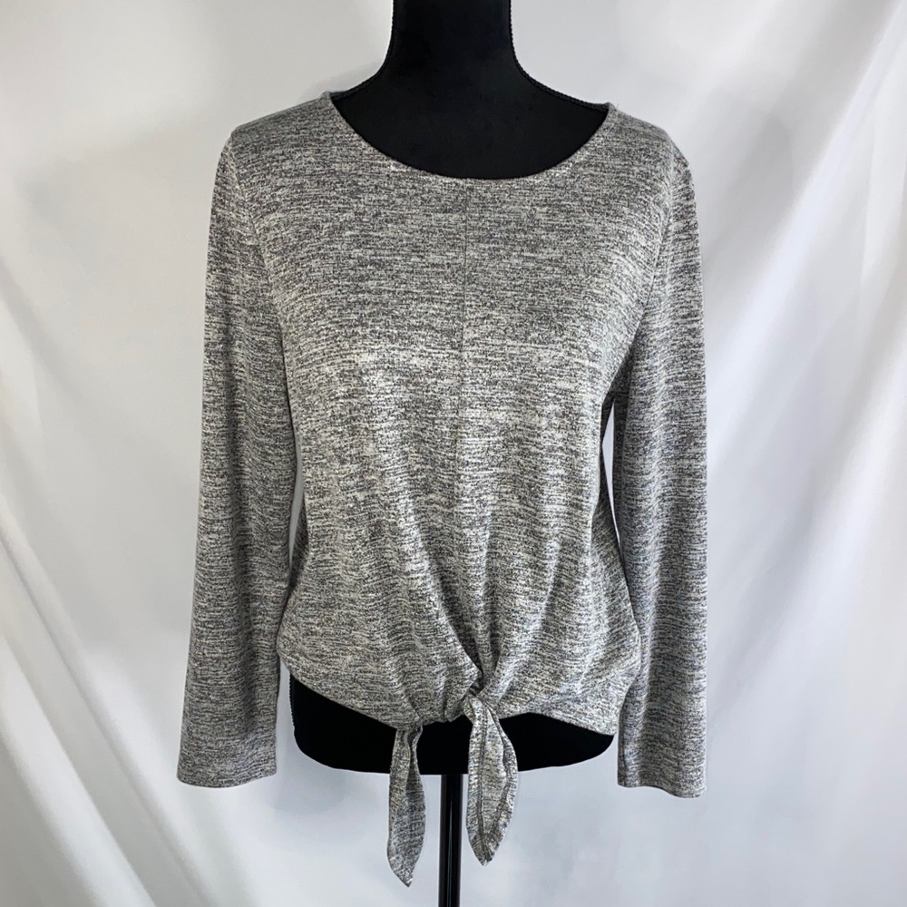 Talbots Metallic Shimmer Tie-Front Knit Sweater Top Gray Petite Large